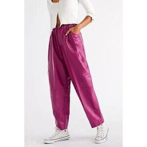 Free People Camille Vegan Faux Leather Paperbag Slouchy Purple Pants XL‎ Pockets